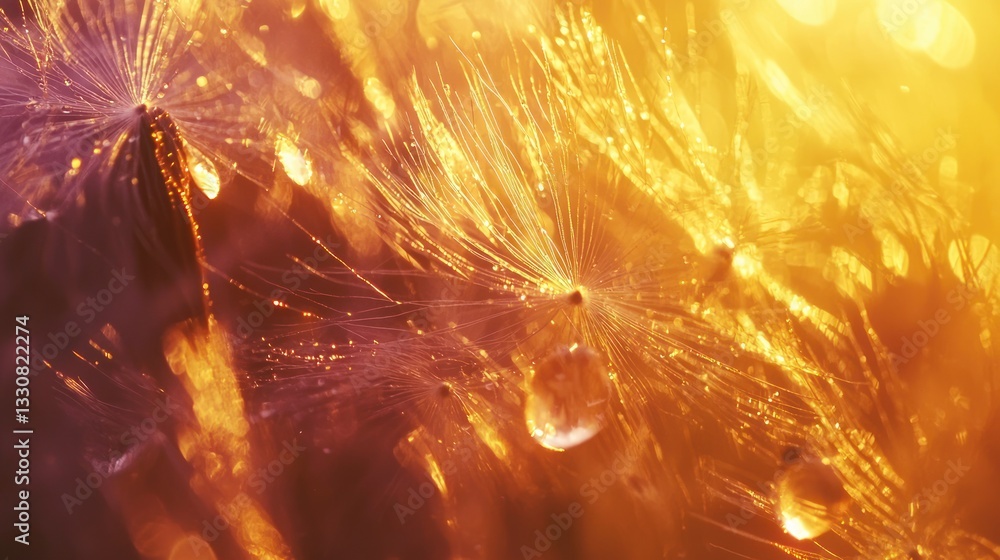 Fototapeta premium Dandelion seed head with water droplets, backlit with warm light.