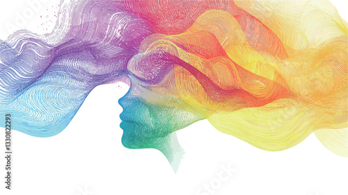 The image is a digital illustration or rendering depicting a stylized female head silhouette partially obscured and enveloped by flowing, multicolored smoke or vapor. The smoke exhibits a gradient