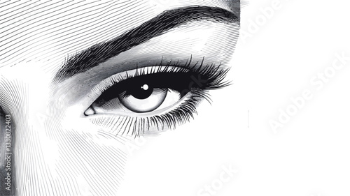 The image is a close-up, black and white illustration or drawing of a woman's eyes.  The focus is sharpest on the eyes themselves, showing detail in the eyelashes, eyebrows, and irises. The style