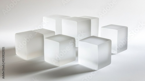 Seven frosted glass cubes arranged on a white background.