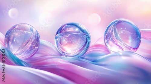 Wallpaper Mural Three iridescent spheres rest on flowing pastel fabric Torontodigital.ca