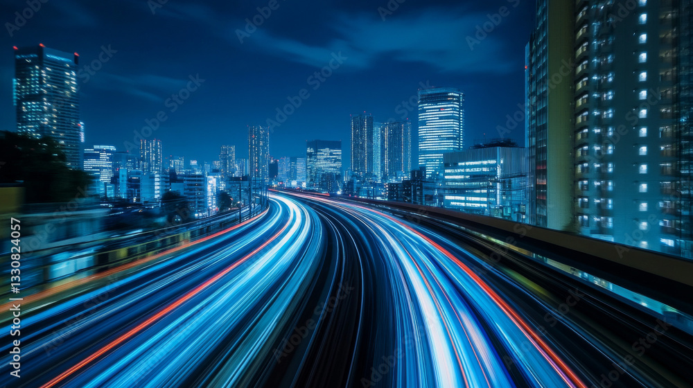 Fototapeta premium A cityscape captured in motion, with streaks of blue light rushing along a rail track in Tokyo, representing speed and urban energy