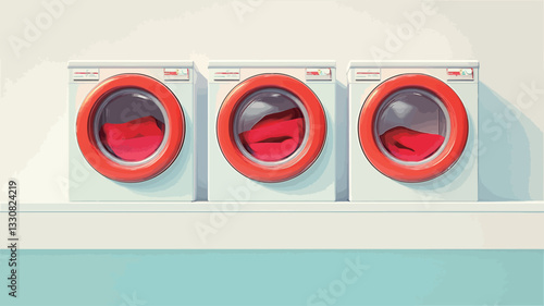 A digital illustration depicts three stylized white washing machines with red accents. Each machine has a transparent door revealing a red item of clothing inside. The machines are arranged in a