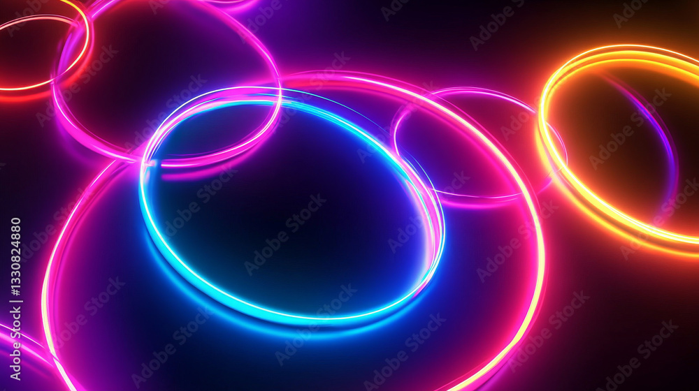 A collection of glowing neon circles with wavy dynamic lines set against a black background, ideal for futuristic technology concepts A collection of glowing neon circles with wavy dynamic lines set against a black background, ideal for futuristic technology concepts
