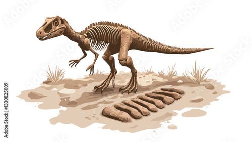 A digital illustration depicting a theropod dinosaur skeleton partially unearthed from the ground, standing above its fossilized footprints. The skeleton is rendered in shades of brown and beige,