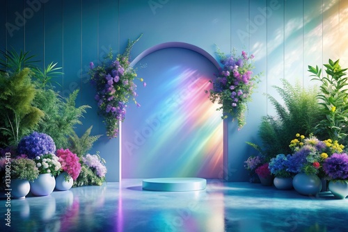 Serene Floral Display with Pastel Rainbow Illumination and Elevated Pedestal