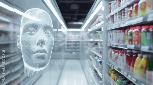 The image shows a digital, translucent, human-like face superimposed onto a glass panel in a supermarket aisle. The aisle is stocked with shelves filled with various consumer products. The lighting