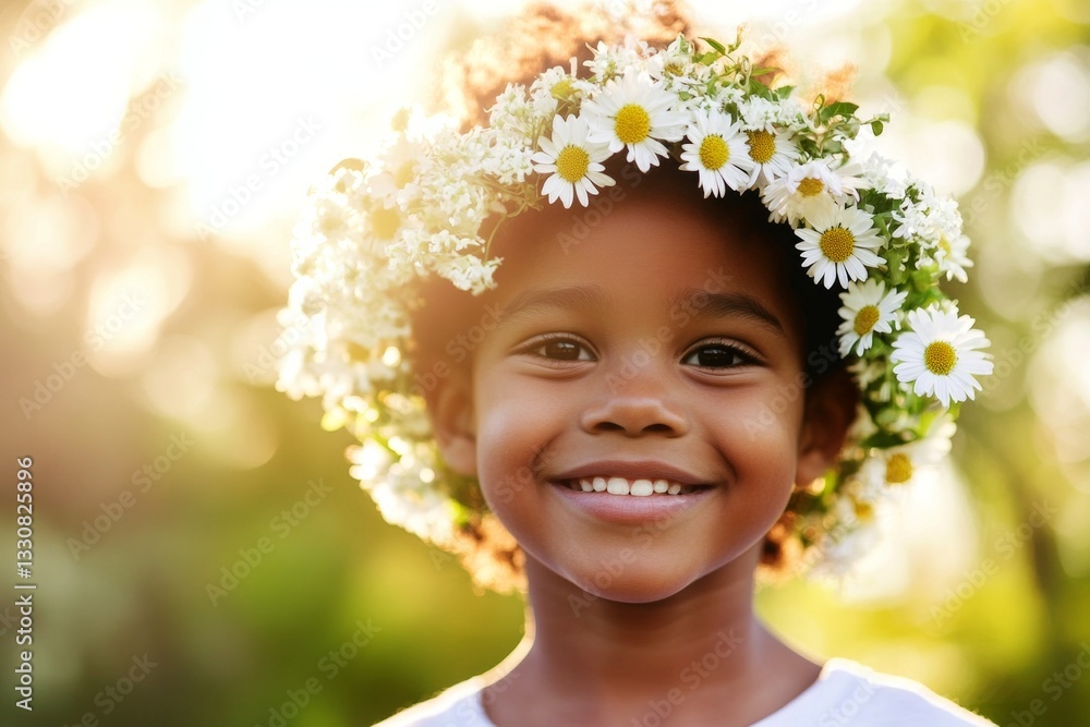 Smiling black child boy with tt hair wearing white flower circlet on his head. Sunny daylight. Happy sunny days holidays concept art. Summer memories with flowers. Happy boy in a scenic meadow. Smiling black child boy with tt hair wearing white flower circlet on his head. Sunny daylight. Happy sunny days holidays concept art. Summer memories with flowers. Happy boy in a scenic meadow.