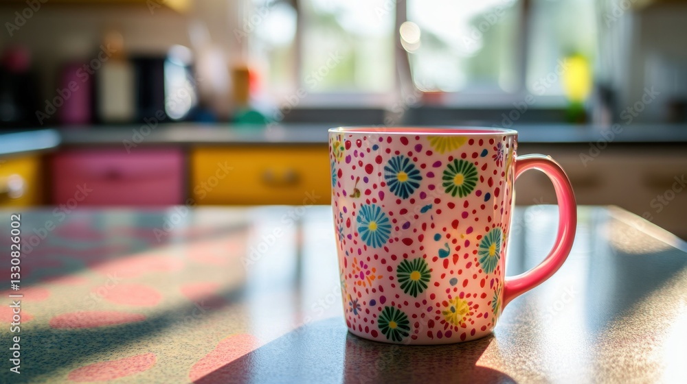 A decorated coffee mug sits on a countertop indoors A decorated coffee mug sits on a countertop indoors