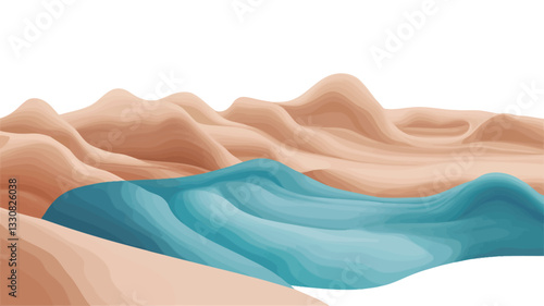 Digital illustration depicting stylized sand dunes in beige tones contrasting with a band of stylized turquoise water flowing between them. The forms are smooth, rounded, and undulating, creating a