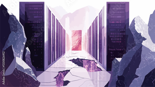 The image is a stylized digital illustration depicting a long corridor of server racks, reminiscent of a data center. The racks are tall and purple, and the corridor extends into the distance,