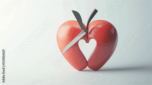 A close-up studio shot of a 3D-rendered, heart-shaped red apple cut in half by a knife.  The knife is partially inserted into the apple, creating a heart-shaped opening. The background is a plain,