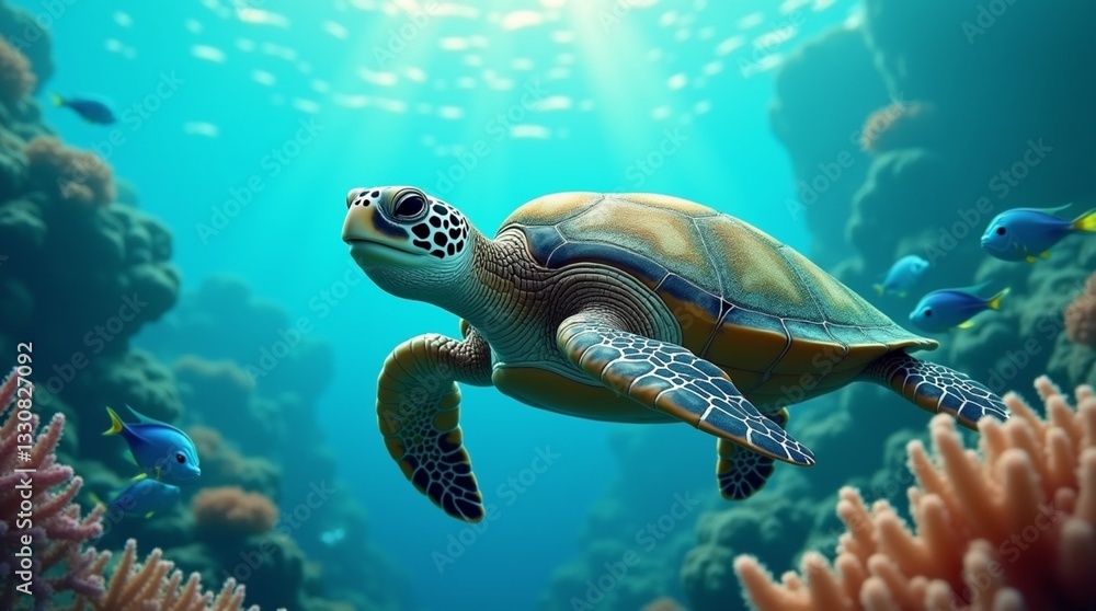 Obraz premium coral reef in the sea with turtle and multi color fishes. 