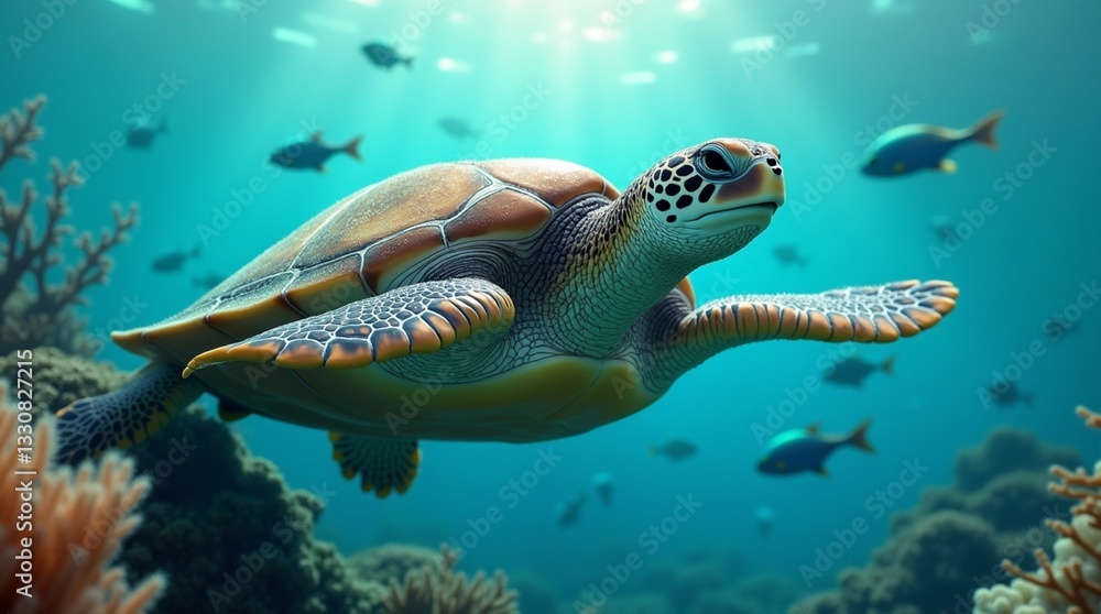 Fototapeta premium coral reef in the sea with turtle and multi color fishes. 