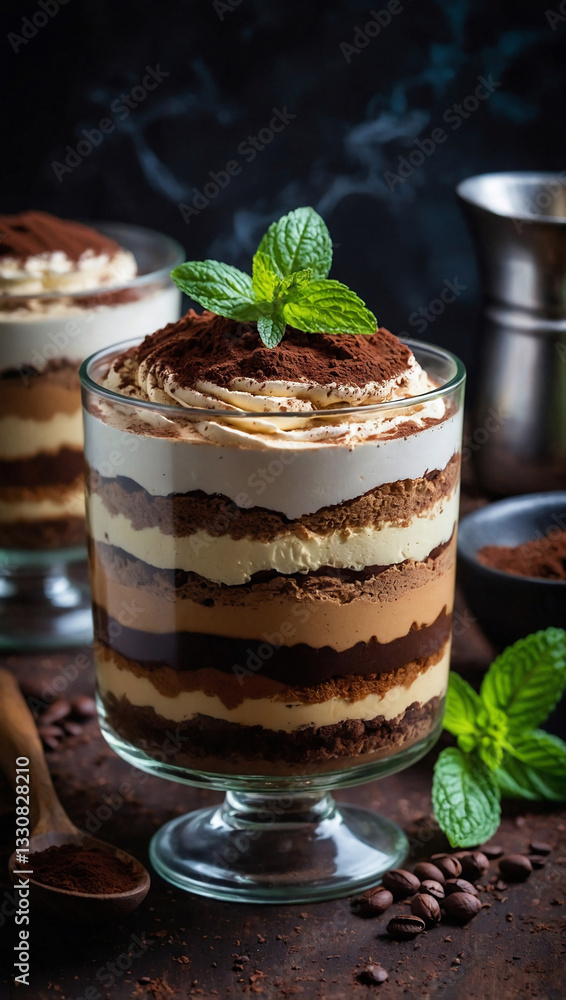 Delicious tiramisu dessert with layers of cocoa and coffee flavor, topped with mint leaves, ideal for sweet cravings