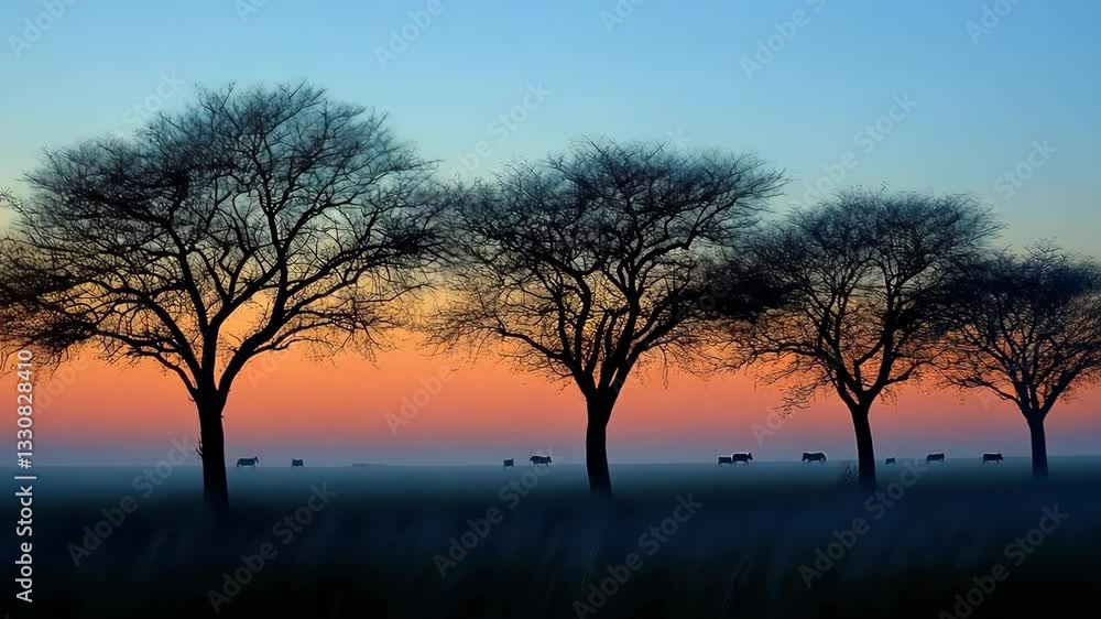 Serene Sunset Silhouette: Three Trees in a Misty Field Serene Sunset Silhouette: Three Trees in a Misty Field
