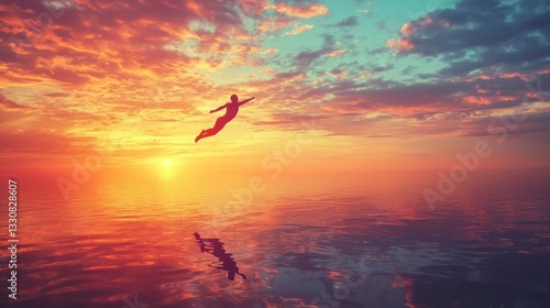 Silhouette of a person flying over ocean at sunset.
