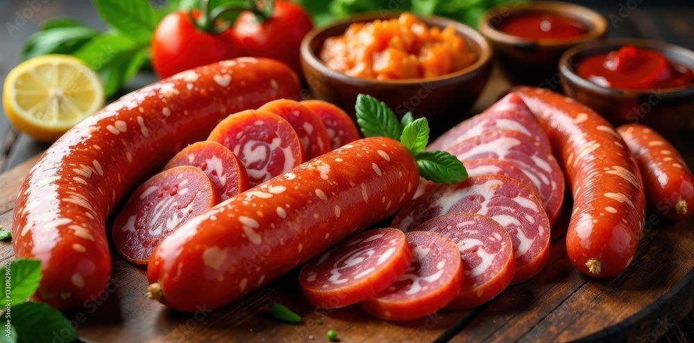 Assortment of processed meats, sausages, and p?t?s, ingredients, cured meat Assortment of processed meats, sausages, and p?t?s, ingredients, cured meat