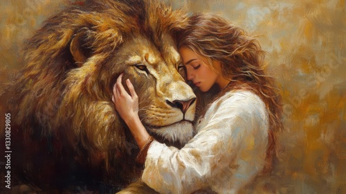 Stunning Realistic Portrait of Divine Jesus Embracing a Majestic Lion in a Powerful Symbol of Faith, Courage, and Spiritual Majesty