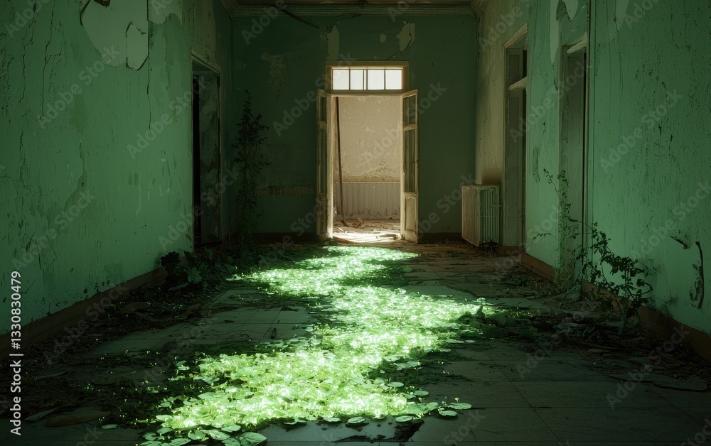 Abandoned Hospital Hallway With Green Overgrowth