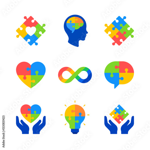 Set of flat autism awareness icons. Puzzle pieces, brain, heart, lightbulb, speech bubble, infinity symbol, hand. Neurodiversity, neuropsychology, psychology, psychiatry, mental health concept