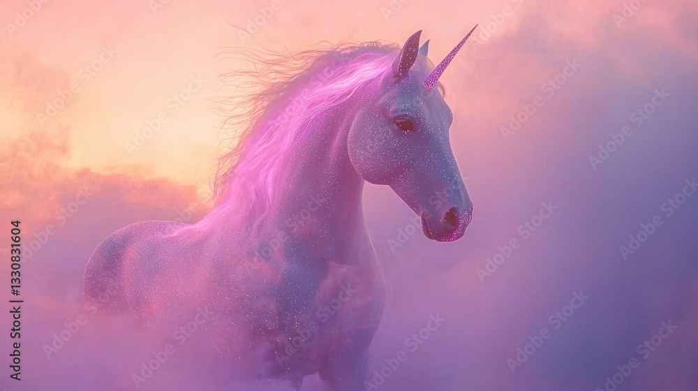 Naklejka premium Magical white unicorn with glowing mane in pink sunset clouds.