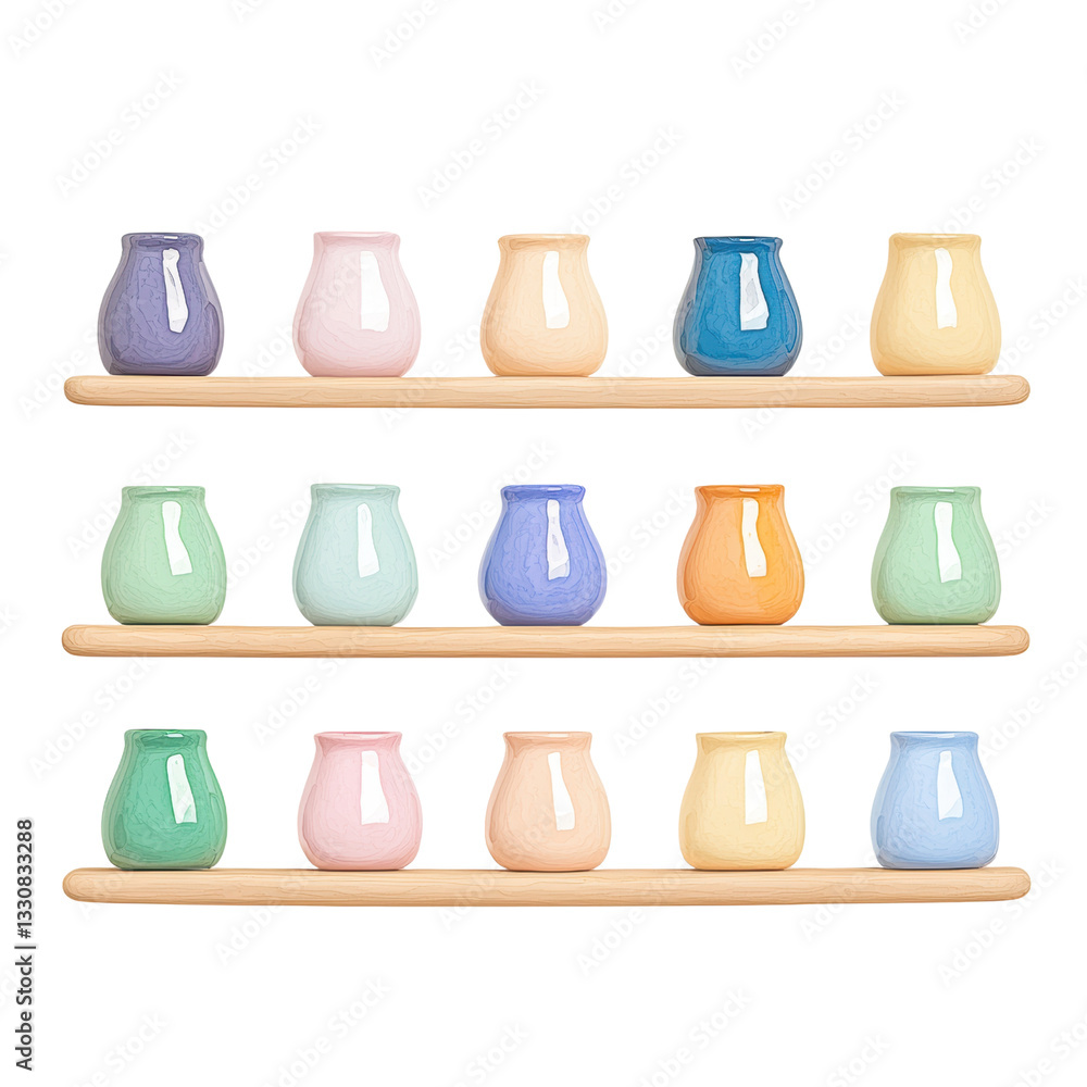 A collection of colorful ceramic jars arranged neatly on wooden shelves. A collection of colorful ceramic jars arranged neatly on wooden shelves.