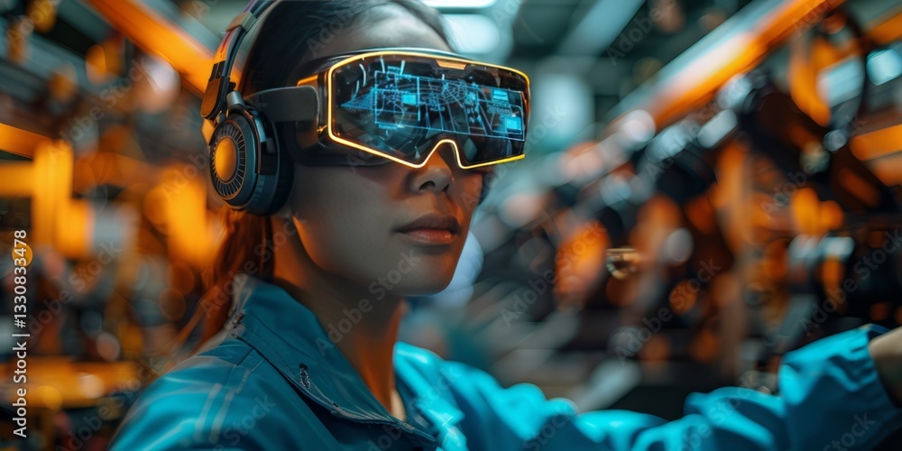Female engineer wearing augmented reality smart glasses and headphones, working in a high-tech automated factory Female engineer wearing augmented reality smart glasses and headphones, working in a high-tech automated factory