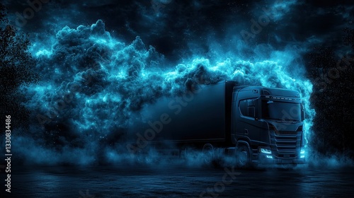 Mysterious Truck Emerging from Dark Fog in Neon Blue Light