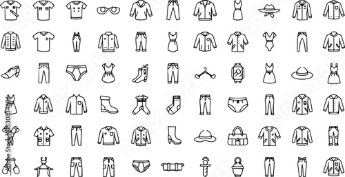 Clothes thin line icons set. Clothes editable stroke icons. Fashion icons. T-shirt, Pants, Jacket, Dress, Short, Shoe, Shirt symbols. Vector
