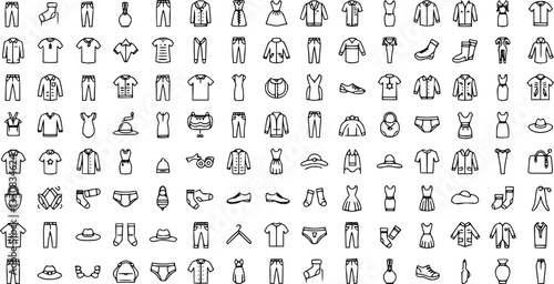 Clothes thin line icons set. Clothes editable stroke icons. Fashion icons. T-shirt, Pants, Jacket, Dress, Short, Shoe, Shirt symbols. Vector
