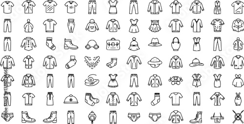 Clothes thin line icons set. Clothes editable stroke icons. Fashion icons. T-shirt, Pants, Jacket, Dress, Short, Shoe, Shirt symbols. Vector
