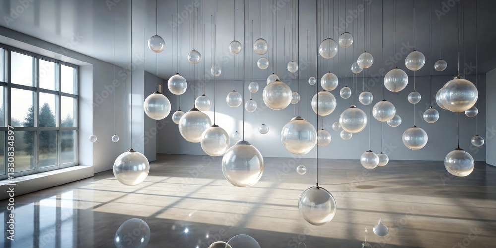 Obraz premium Serene Minimalist Interior Design Featuring a Suspended Array of Orbs Illuminating a Spacious Room with a Large Window