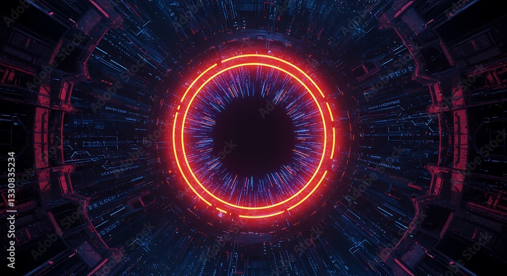 Obraz premium Futuristic Tunnel with Neon Rings and Digital Data Streams. Generative Ai
