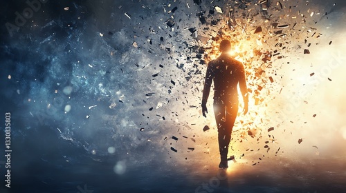 A man emerges from chaos, symbolizing transformation and the journey through challenges into light.