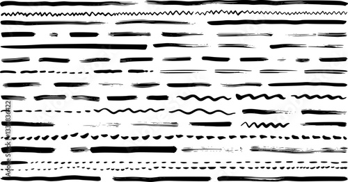 Hand-drawn lines, black and white, horizontal stripes, organic patterns, wavy lines, zigzag patterns, doodle-style, abstract borders, brush strokes, ink textures, minimalist design, repetitive element