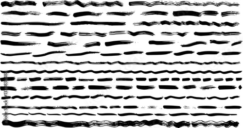Hand-drawn lines, black and white, horizontal stripes, organic patterns, wavy lines, zigzag patterns, doodle-style, abstract borders, brush strokes, ink textures, minimalist design, repetitive element