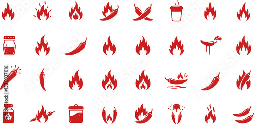 Spice level marks - mild, spicy and hot. Green and red chili pepper. Symbol of pepper with fire. Chili level icons set. Vector illustration isolated on white background. 