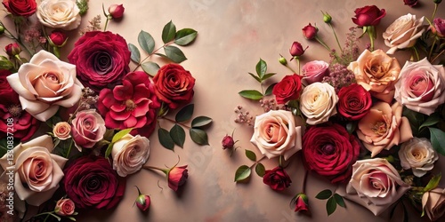 Elegant arrangement of various rose blossoms in rich red and cream tones, showcasing delicate petals and lush green foliage, a stunning floral composition