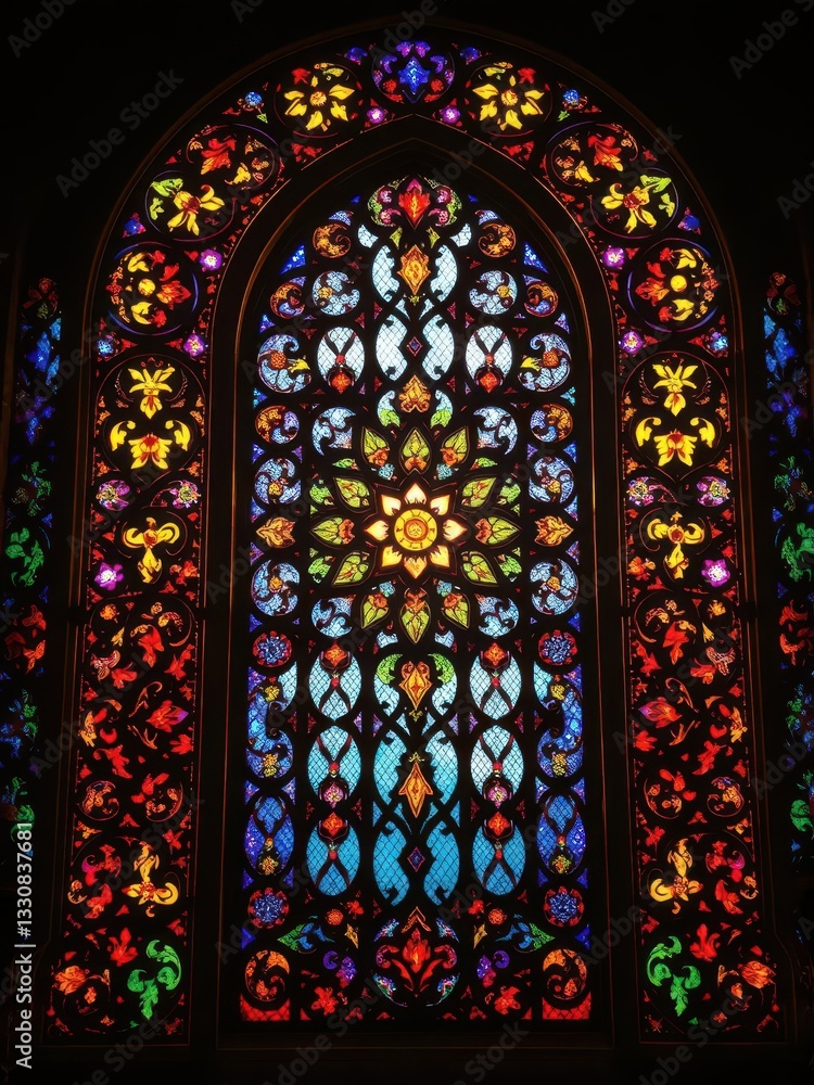 Obraz premium Intricate colorful stained glass window glowing with vibrant light, interior, home decor