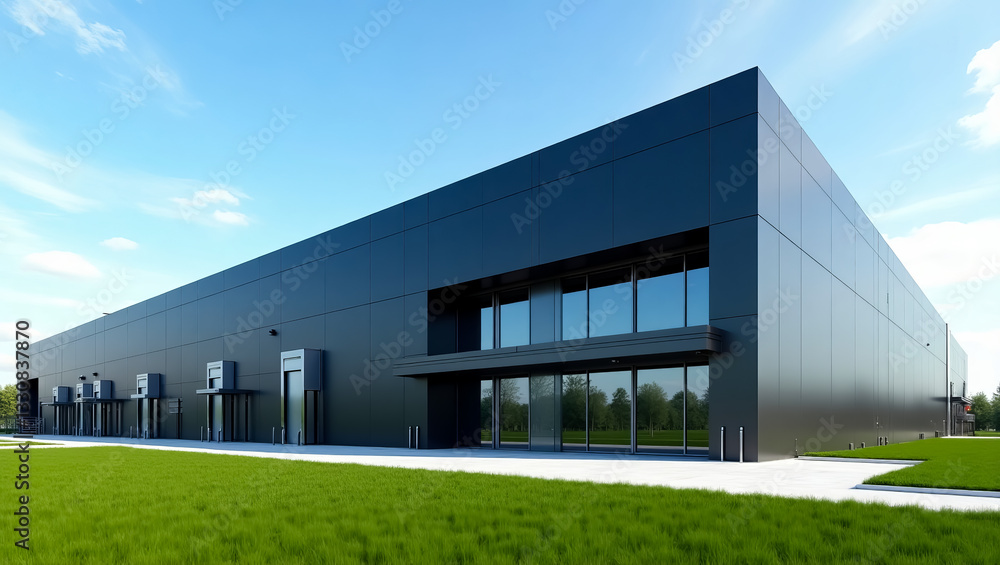 Obraz premium Modern Black Industrial Building Exterior Design Architecture Photography Grass Landscape Commercial Real Estate Property Development New Construction