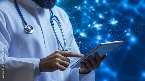 A Muslim Doctor Using Tablet, Healthcare Technology Background : Suitable for Be Used in Blog Posts, Social Media Posts or Website Content Related to Medical & Pharmaceutical Theme.