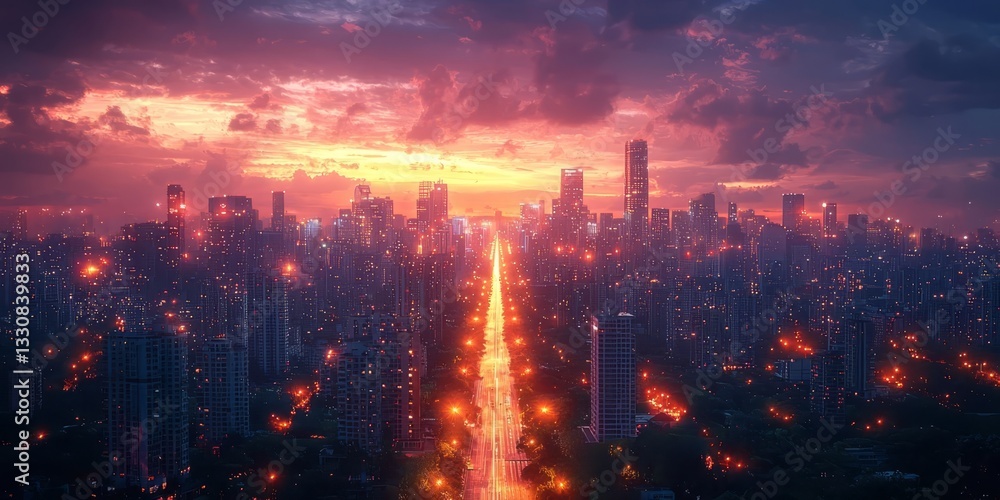 Fototapeta premium Stunning cityscape at sunset, featuring vibrant skies and illuminated streets, capturing the essence of urban life and evening tranquility.