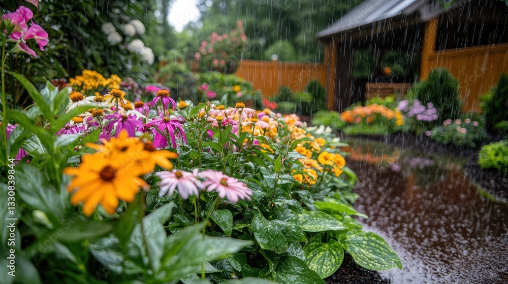 Fototapeta premium Colorful Flower Garden Under Rain with Soft Focus Background
