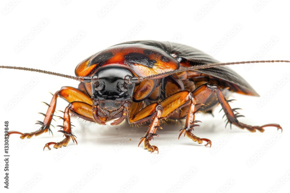 Naklejka premium The cockroach’s glossy shell and tiny legs are sharply visible, creating an intense image against the clean white surface.