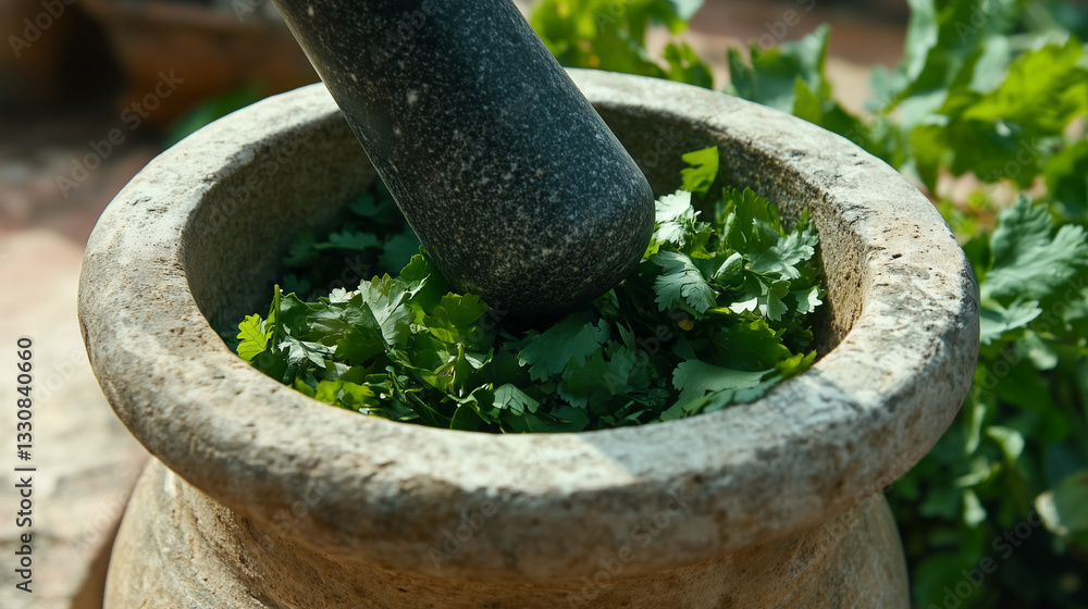 Stone Mortar and Pestle with Fresh Green Herbs in Sunlight Stone Mortar and Pestle with Fresh Green Herbs in Sunlight