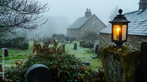 A cemetery with a house in the background. AI Generated