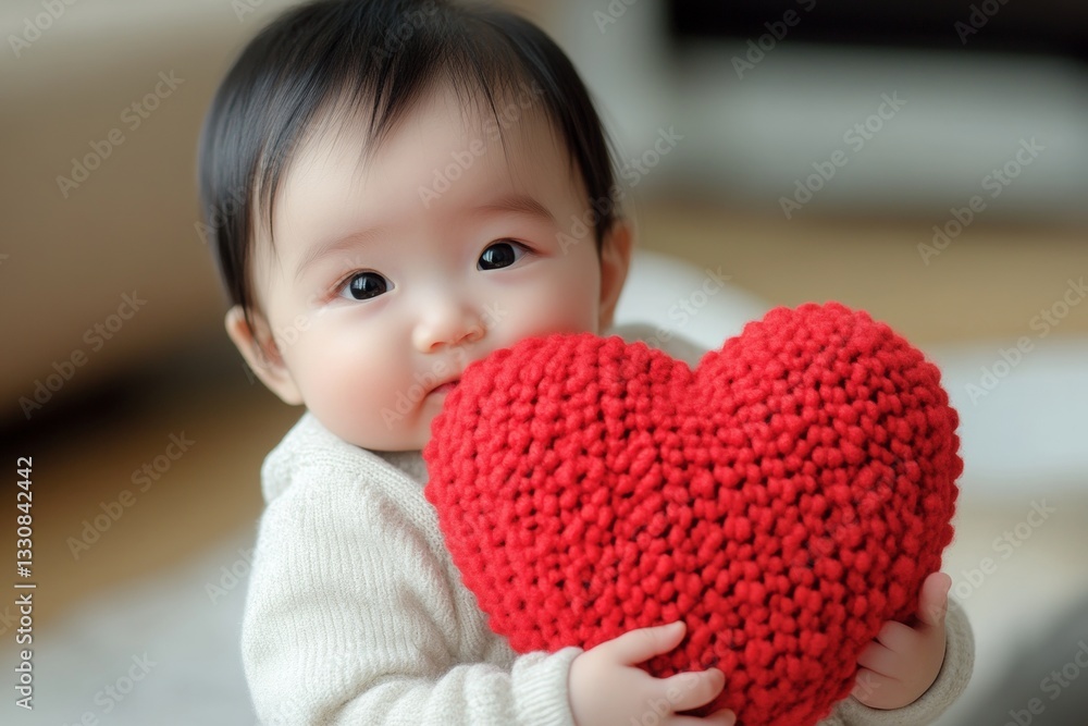 Valentine's day greeting and funny gift. Serious face cute asian baby girl with big knitted heart in hands. Kid with heart-shaped glasses. Baby’s love-filled portrait. Adorable baby valentine. Valentine's day greeting and funny gift. Serious face cute asian baby girl with big knitted heart in hands. Kid with heart-shaped glasses. Baby’s love-filled portrait. Adorable baby valentine.