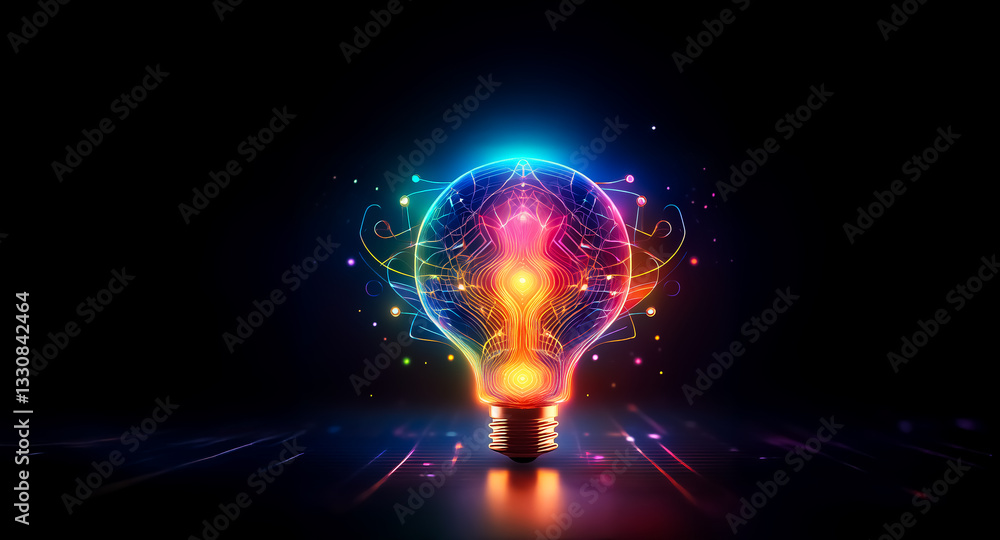 A vibrant light bulb illuminates the dark, showcasing glowing, colorful swirls and shapes that symbolize innovation and bright ideas. A vibrant light bulb illuminates the dark, showcasing glowing, colorful swirls and shapes that symbolize innovation and bright ideas.