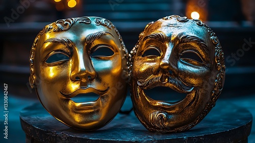 Gold comedy and tragedy theater masks, representing the classic symbols dramatic art, captured in a glamorous and timeless design. photo